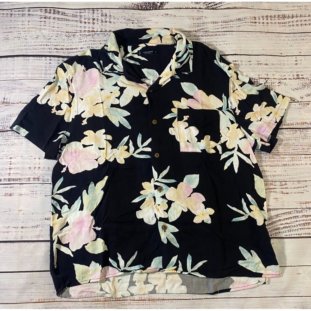 Lucky Brand  Black Floral Shirt Men's Large Short Sleeve Collared Front Button